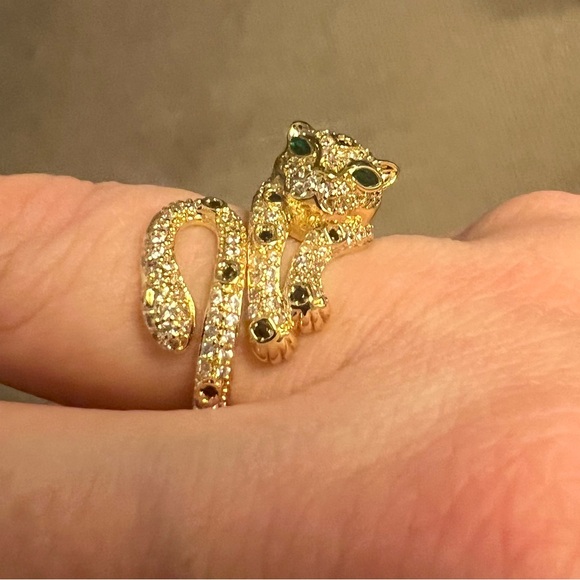Leopard Gold Plated Emerald Crystal Eyes & Pave Cubic Zirconia Ring | Sz. 7.5 - Picture 2 of 10
